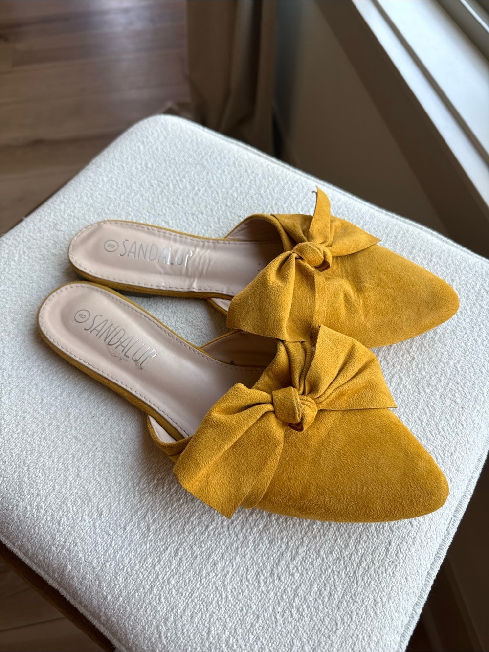 Sandalup Yellow Mustard Faux Suede Pointed Toe Bow Slip-On Mule Flats Women's 8